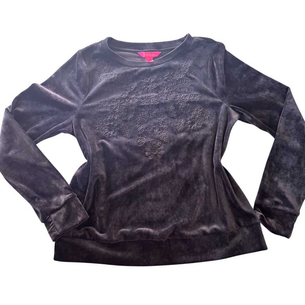 Lilly Pulitzer Black Long Sleeve Embroidered Velvet Sweatshirt Women M EUC